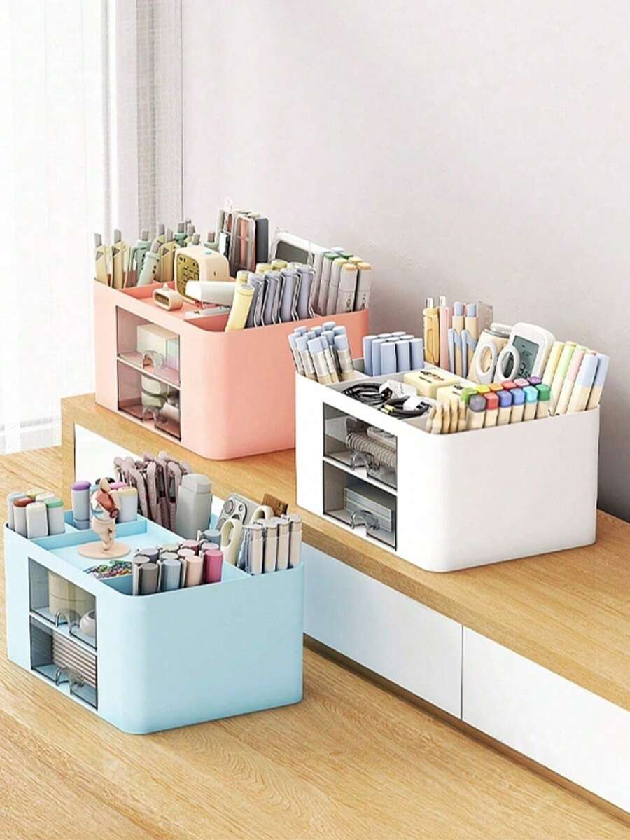 2 Drawers Desktop Organizer, 5 Compartments Multi-Functional Pen Holder, Office Desk Storage Caddy - Multicolor - View 1