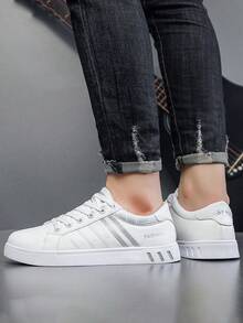 Flipark Men's Striped Lace-Up Skateboard Shoes - Durable PU Leather Upper, Breathable Fabric Lining, Cloth Insole, Non-Slip PVC Sole, Round Toe Design, Suitable For Outdoor Casual Wear In Spring, Summer, Autumn, Winter - Silver - View 4