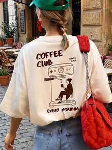 ZZG Es Trus Summer Plus Size Women's "Coffee Club" Pattern Printed Street Y2k Clothing Apricot Top Round Neck Large Short Sleeve T-Shirt Casual - Apricot - View 2