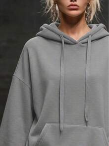 European & American Street Casual Hooded Sweatshirt Dress For Women, Drawstring Hood, Kangaroo Pocket, Dropped Shoulder, Long Sleeve, Ruffle Hem, Patchwork, Loose Fit, Slimming, Sporty Style, Short Dress - Grey - View 6