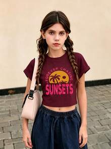 Tween Girl Customized Cotton Top, Spring/Summer Round Neck Short Sleeved T-Shirt With Tropical Letter Print, Suitable For Daily Casual Wear And Vacation - Jujube Red - View 1