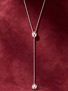 1pc Silver Plated Luxury Round Bead Y-Shaped Adjustable Necklace, Suitable For Women's Daily Wear And Dating, Elegant Versatile Sweater Chain Brand Jewelry - Telescopic Necklace - View 3