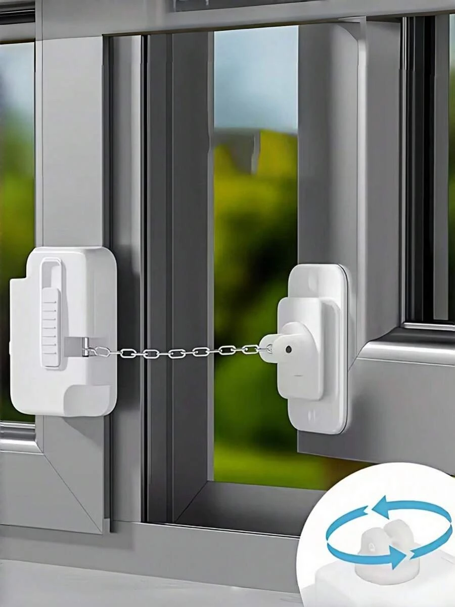 1-Set Adjustable Window Security Lock - Self-Adhesive, No Drilling Required, Durable Metal And Plastic, For Home Security, Ventilation And Privacy, Stylish Lock Design, Easy To Install. - A-chain - View 1