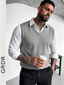 GRDR 男士纯色V领优雅时尚针织背心，秋冬款 - 灰色 - 查看 2