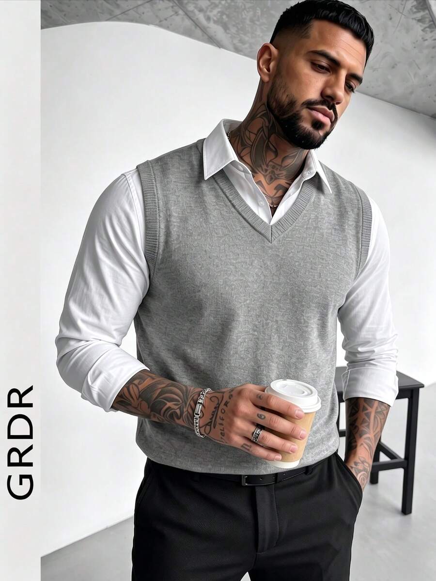 GRDR 男士纯色V领优雅时尚针织背心，秋冬款