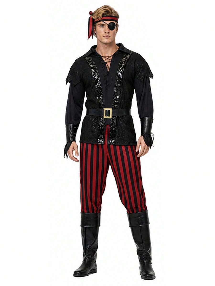 Halloween Pirate Costume For Men Including Pirate Headscarf Eye Mask Belt Performance Sets Carnival Party Outfit