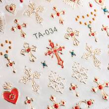 Vintage Baroque Metallic Cross Sacred Heart Nail Stickers, Embossed 3D Self-Adhesive Nail Decals With Shiny Gold Outline & Vivid Red Heart Cross Motifs, Perfect For Luxury Gothic Retro Manicure, Professional Salon Beginner DIY Nail Supplies - Multicolor - View 6