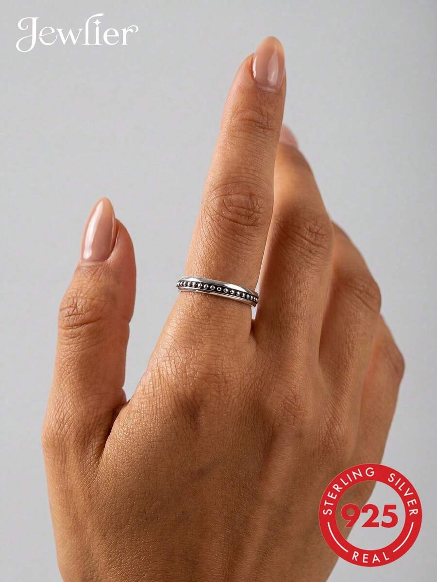 1 pieza Anillo de banda lisa con remache de plata de ley 925, estilo para mujer, adecuado para uso diario y accesorio de fiesta, regalo de joyería exquisita de alta calidad