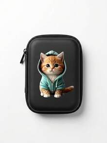 Hard Zipper Storage Bag, Cartoon Cat Pattern Portable Protective Case, Suitable For Electronic Products, Data Cables, Earphones, Small Digital Products - Black - View 4