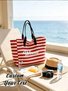 Customized Text Large Capacity Striped Beach Tote Bag & Cosmetic Bag Set - Personalized Canvas Shoulder Bag. Travel Bag Friendly Shopping Bag. - Multicolor - View 4