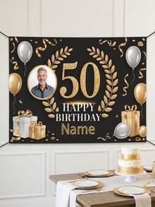 1pc - Customized Happy Birthday Backdrop, Customized Black & Gold Theme Printed Poster - Personalized Birthday Party Custom Photo And Name Poster - Suitable For Party Decorations, Birthday Gifts, Gallery Decor And Photo Props, Party Decor, Unique Personalized Background Photography And Display, Complete Party Decor, Multi-Functional, Highly Decorative, Reusable, Exquisite, Fashionable - Multicolor - View 6