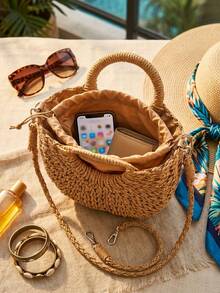 3 piezas/2 piezas/1 pieza Bolso de mano tejido en forma de media luna, tejido semicircular minimalista hecho a mano, esencial para vacaciones de verano, adecuado para el atuendo diario de la mujer, decoración del hogar, almacenamiento de viaje, aplicable para vacaciones en la playa, compras y turismo - Ver 8