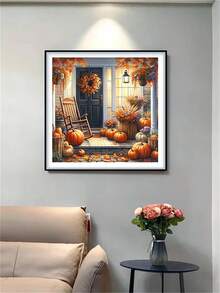 1pc Diamond Painting Kit, Cozy Autumn Porch Diamond Art, Vintage Rocking Chair Pumpkin Maple Leaf Decorative Painting, Handmade DIY Diamond Sticker Wall Art For Living Room Entrance, Holiday Gift - round diamond - View 4