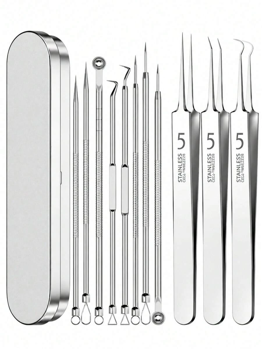 11/9/4/3/2/1pc Perlengkapan Alat Komedo dan Jerawat dengan Kotak Penyimpanan Portabel, Pinset Stainless Steel, Alat Ekstraksi Jerawat dan Noda untuk Perawatan Wajah. Tersedia Berbagai Pilihan Warna, Jumlah, dan Spesifikasi.