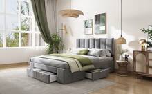 Bed Frame 140 X 200 Cm Velvet, With Spring Mattress, Headboard, 4 Drawers, Grey - 灰色 - 查看 9