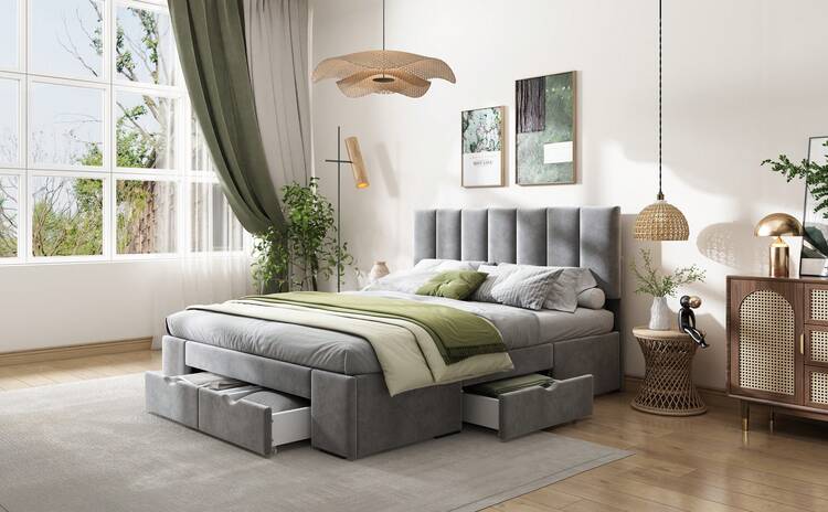 Bed Frame 140 X 200 Cm Velvet, With Spring Mattress, Headboard, 4 Drawers, Grey - Grey - View 9
