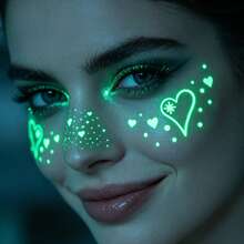 6pcs Fluorescent Freckle Face Stickers UV Reactive Star & Moon Temporary Tattoo Stickers For EDM Festival, Holiday, Halloween Party Makeup - Green - View 5