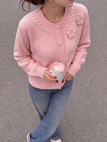 Fall Winter Women Pink Crew Neck 3D Flowers Knit Cardigan Xmas New Year Sweet Button Long Sleeve Jacket - Pink - View 5