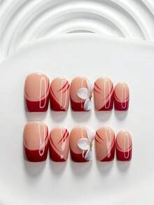 10 piezas de uñas postizas de estilo vintage hechas a mano, set de arte de uñas de polygel, flores pintadas a mano en blanco con líneas rojo oscuro, esmalte de uñas rojo, estilo minimalista, incluye herramientas para uñas, 3 tamaños disponibles, forma cuadrada/cuadrada corta/almendra, adecuado para fiestas, baile, uso diario - Multicolor - Ver 4