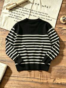 Tween Boys Color Block Striped Crew Neck Knit Sweater, Soft Long Sleeve Basic Pullover Jumper For Fall Winter School Daily Wear - Black - View 3