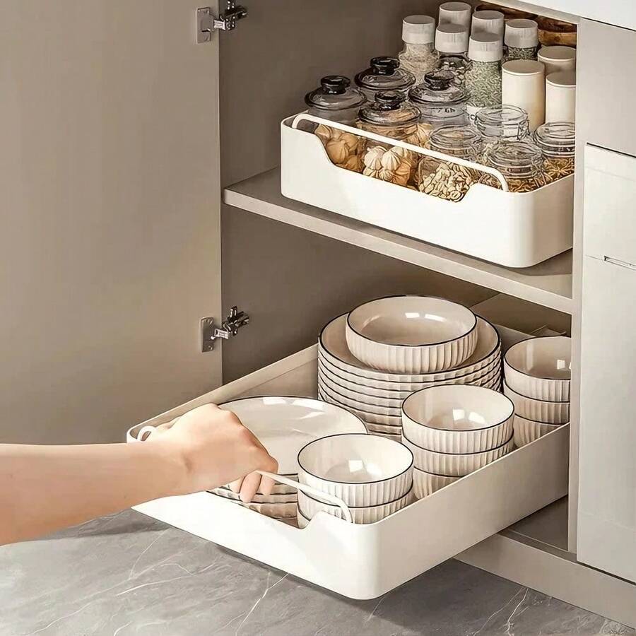 Gaveta Organizadora Branco Leitoso 30x43cm, Suporte Extraível para Panelas e Temperos, Design Moderno e Antiderrapante para Cozinhas e Banheiros.
