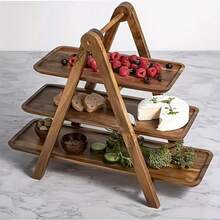 1pc 3-Tier Wooden Serving Tray, Rosewood Hardwood, No Power Required, Kitchen Storage Rack, Suitable For Home, Hotel, Restaurant Buffet Display - Multicolor - View 3