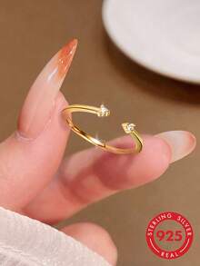 1pc S925 Sterling Silver Minimalist Plain Band Open Ring With Rhinestones, Korean Ins Cold Style, Fashionable Unique Niche Design, Adjustable Line Joint Ring, Sweet Fresh Versatile Elegant, Stackable Delicate Small Index Finger Ring, Pinky Ring - Diamond - View 5