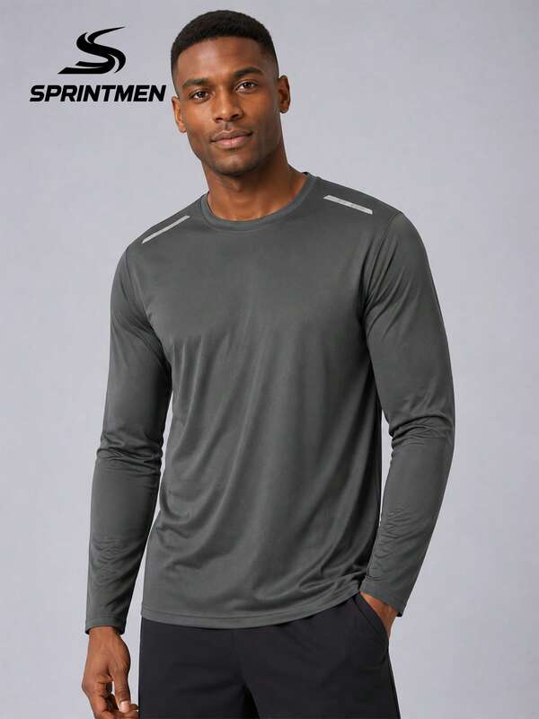 1pc Dark Gray Comfortable Men's Long Sleeve T-Shirt, Men's Sports Top, Men's Long Sleeve, Crew Neck Reflective Strip, Sports Long Sleeve T-Shirt, Sporty Style, Machine Washable, Training, Gym, Basketball, Men's Sports