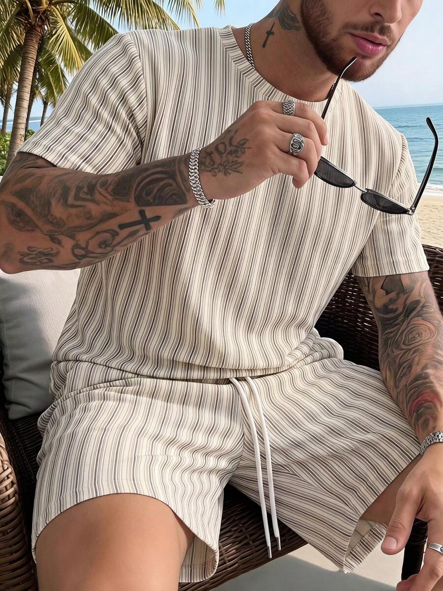 Men's Summer Striped Crew Neck Casual T-Shirt And Casual Shorts Beach Set - Light Grey - View 1