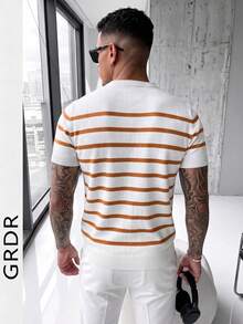 GRDR 男士夏季針織條紋短袖襯衫，適合夏季度假休閒穿著 - 橘色 - 查看 4