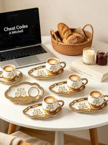 Set Cangkir dan Tatakan Kopi Keramik "Pohon Kehidupan" 6pcs/1pc, Pinggiran Emas, Aman untuk Microwave dan Mesin Pencuci Piring, Termasuk Cangkir Espresso dan Cangkir Kopi Arab, Cocok untuk Teh Sore, Kafe, Dapur, dan Dekorasi Rumah - MultiWarna - View 4