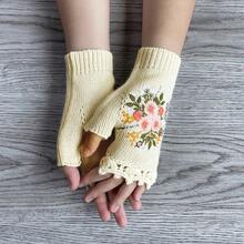 1雙女款秋冬復古風保暖手工鉤編刺繡花卉半指針織手套 - 米色 - 查看 4