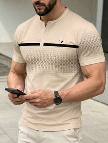 Men's Summer Comfortable Minimalist Contrast Color Diamond Pattern Print Button Short Sleeve T-Shirt - Multicolor - View 4