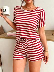 Women's Striped Print Short Sleeve Shorts Pajama Set, Spring/Summer - Red - View 3