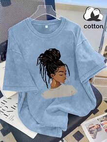 2026 Summer Women's Casual Short Sleeve T-Shirt, Hot Girl Portrait Print, Washed Cotton Crew Neck Tee, 100% Cotton Everyday Wear, Available S-3XL - Sky Blue - 查看 9