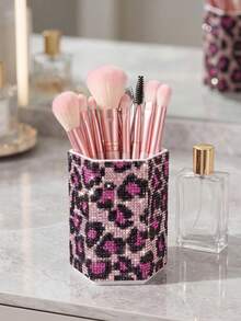 Rhinestone Leopard Print Hexagonal Makeup Brush Holder, Large Capacity, Surface Inlaid With Colorful Rhinestones, Luxury Sparkling Style, Full Rhinestone Pattern, Hexagonal Column Shape, Neat Edge Details, Makeup Tool Container, Suitable For Bedroom Vanity, Makeup Room Desktop And Other Scenes - Multicolor - View 5