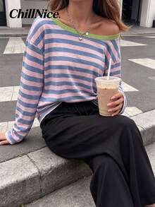 Women Fall Elegant Off‑Shoulder Long Sleeve Top, Color Block Stripe Loose Casual Blouse For Holiday Festival - Multicolor - View 1