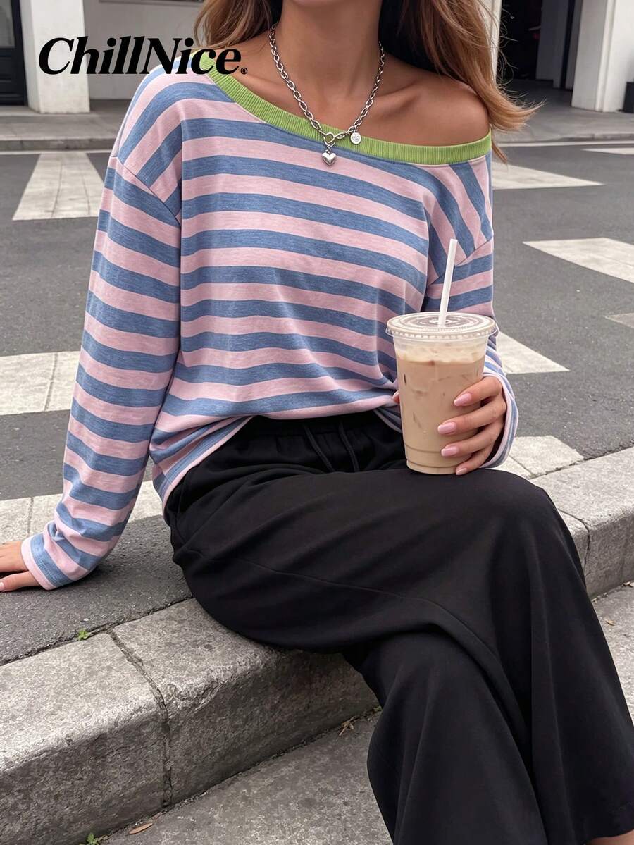 Women Fall Elegant Off‑Shoulder Long Sleeve Top, Color Block Stripe Loose Casual Blouse For Holiday Festival - Multicolor - View 1