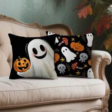 4pcs Cute Ghost Halloween Pillow Covers, Cartoon Bat, Spider, Pumpkin, Skull, Mushroom Cushion Covers, Black Background Minimalist Spooky Farmhouse Style Sofa Home Decor, Single-Sided, Pillow Insert Not Included - Black - View 5