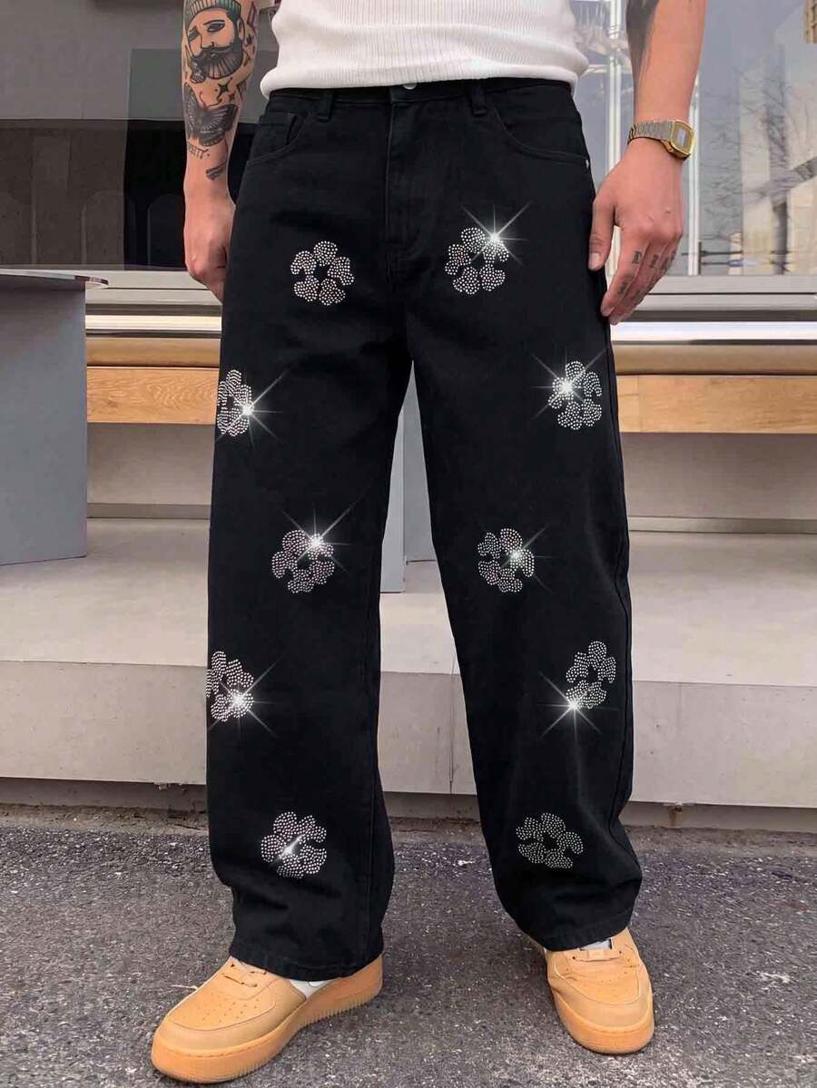 1 buah Celana Jeans Denim Pria Longgar Kaki Lebar Gaya Jalanan Desain Multi-Kerja Cocok Untuk Semua Musim - Hitam - View 1