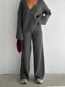 Set Sweater Wanita 2 Potong Musim Gugur Musim Dingin, Kancing, Leher V, Lengan Panjang, Kardigan dan Celana Panjang Lebar, Set Pakaian Santai, Potongan Longgar, Kasual, Set Rajut 2 Potong Musim Gugur - Grey - View 1
