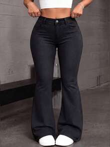 Plus Size Women Bell Bottom Jeans With Pockets, Suitable For Home, Daily Wear Or Office, Casual Winter Clothing For Ladies Spring Black - Black - View 8