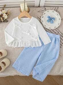 Cute Autumn/Winter Baby Girl Outfit: White Ribbon Bow Lace Trim Round Neck Long-Sleeved Top & Blue Plaid Wide-Leg Pants For Commuting And . - White - View 2
