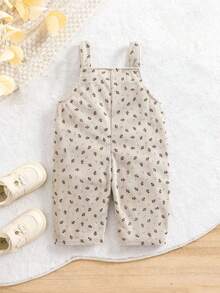 Vintage Thin Striped Floral Corduroy Overalls For Girls, Loose Casual Long Pants For Baby - Beige - View 2