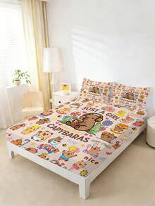2/3 Peças Conjunto de Lençol de Cama com Estampa Fofa de Capivara, Roupa de Cama com Estampa de Animal Fofo, Bolso Profundo de 30cm para Crianças, Adolescentes, Adultos, Meninos e Meninas, Quarto - Multicolorido - Visão 5