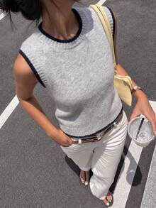 Fall Winter Women Light Grey Crew Neck Knit Vest Xmas New Year Sleeveless Layering Top - Light Grey - View 4