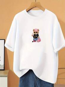 T-shirt da donna con simpatico orsetto - Top non elasticizzato, girocollo, casual per tutti i giorni, ideale per outfit primaverili/estivi/autunnali, abbigliamento autunnale, top, - Bianco - Visualizzare 1
