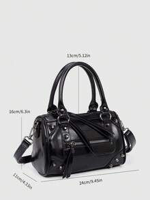 Minimalist Glossy Boston Handbag, Full Metal Rivet Decorated Front Zipper Pocket, Detachable Wide Strap Portable Bowling Crossbody Industrial Detail - Black - View 2