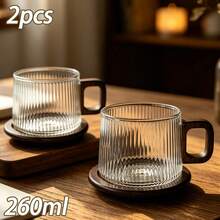 Glass Coffee Mugs Set With Wooden Coasters, Borosilicate Coffee Cups With Wooden Handle, Aesthetic Ribbed Hammered Wavy Embossed Tumblers For Home Kitchen Coffee Bar - Transparent a - View 6