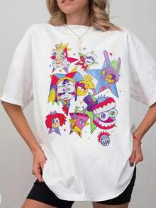 Plus Size Women's Colorful "Magic Number" Cartoon Print T-Shirt, Casual Daily, Summer White - White - View 2